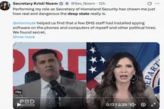 Trong cuộc trò chuyện kéo dài một giờ với podcaster MAGA Patrick Bet-David, được công bố vào ngày 26/2/2026, Bộ trưởng An ninh Nội địa Mỹ, bà Kristi Noem cho biết: "Việc thực hiện vai trò của tôi với tư cách là Bộ trưởng An ninh Nội địa đã cho tôi thấy “nhà nước ngầm” (deep state) thực sự tồn tại như thế nào và nguy hiểm đến mức nào. Ảnh chụp màn hình tài khoản nền tảng mạng xã hội X của Bộ trưởng An ninh Nội địa Mỹ Kristi Noem