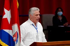 Chủ tịch Cuba Miguel Diaz‑Canel phát biểu tại một cuộc họp ở La Habana. Ảnh: THX/TTXVN