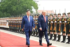 Chủ tịch Trung Quốc Tập Cận Bình và Tổng thống Mỹ Donald Trump tại lễ đón ở Bắc Kinh ngày 14-5. Ảnh: THX/TTXVN