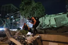 Lực lượng cứu hộ tìm kiếm nạn nhân dưới đống đổ nát sau trận động đất kép tại Caracas, Venezuela, tối 24-6. Ảnh: AA/TTXVN