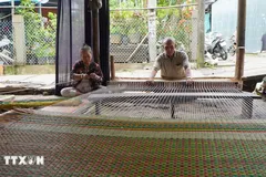 Gia đình ông Huỳnh Văn Chiến là một trong số ít hộ dân ở làng chiếu Định Yên còn dệt chiếu thủ công để giới thiệu nghề truyền thống với khách du lịch. (Ảnh: Nhựt AnTTXVN)
