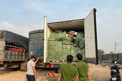 Lực lượng chức năng kiểm tra phát hiện 2 xe tải đông lạnh chứa hàng hóa không hóa đơn chứng từ chứng minh nguồn gốc xuất xứ. (Ảnh: TTXVN phát) 