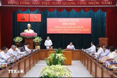 Chủ tịch Quốc hội Trần Thanh Mẫn, Trưởng Đoàn kiểm tra, giám sát số 11 phát biểu. (Ảnh: Văn Điệp/TTXVN)