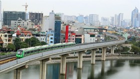 A train of Cat Linh - Ha Dong urban railway project runs on trial in Hanoi. (Photo: VNA)
