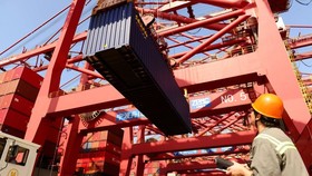 A worker looks at a container box being lifted at a port in Ningbo, Zhejiang province, China. © Reuters