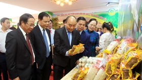 Thủ tướng Nguyễn Xuân Phúc tham quan mô hình và các gian hàng trưng bày sản phẩm nông nghiệp của thành phố Hải Phòng. Ảnh: TTXVN