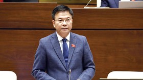Bộ trưởng Bộ Tư pháp Lê Thành Long giải trình ý kiến của đại biểu Quốc hội Ảnh: TTXVN