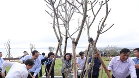 Bà Trương Thị Mai, Ủy viên Bộ Chính trị, Bí thư Trung ương Đảng, Trưởng ban Dân vận Trung ương cùng các đại biểu thực hiện nghi thức trồng cây của chương trình Quỹ 1 triệu cây xanh cho Việt Nam.