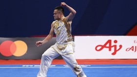 Wushu martial artist Pham Quoc Khanh snatches the first gold medal on December 3. (Photo: VNA)