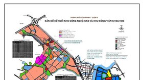 The to-be scientific park (in blue) is connected to SHTP (in peach) via traffic infrastructure (in light blue)