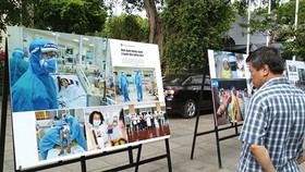 A visitor looks at Nguyen A's photo collection depicting the work of doctors at the National Hospital of Tropical Diseases. — VNS Photo Minh Thu