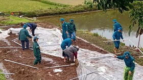 Lực lượng chức năng huyện Bảo Yên (tỉnh Lào Cai) xuống xã khắc phục dựng lại lều bạt cho người dân. Ảnh: TTXVN