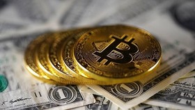 Đồng tiền mô phỏng Bitcoin và đồng đôla Mỹ. Ảnh:Reuters