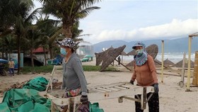Người dân Đà Nẵng vận chuyển vật dụng kinh doanh trên các bãi biển đưa lên bờ để tránh thiệt hại khi bão số 9 đổ bộ. (Ảnh: Trần Lê Lâm/TTXVN)
