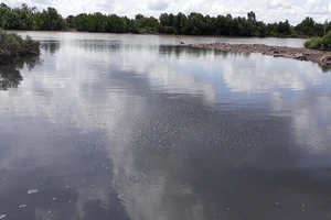 Nguồn nước ô nhiễm từ một nhà máy tại Khu công nghiệp Hòa Trung thải ra sông (ảnh chụp ngày 3-7).