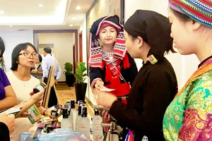 Du khách tham quan, mua đặc sản trực tiếp tại gian hàng giới thiệu sản phẩm của tỉnh Hà Giang sáng 21-7