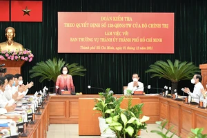 Trưởng Ban Tổ chức Trung ương Trương Thị Mai chủ trì buổi làm việc của đoàn kiểm tra với Ban Thường vụ Thành ủy TPHCM. Ảnh: VIỆT DŨNG