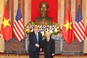 Tổng Bí thư, Chủ tịch nước Nguyễn Phú Trọng tiếp Tổng thống Mỹ Donald Trump tại Phủ Chủ tịch. Ảnh: VIẾT CHUNG
