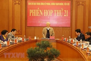 Tổng Bí thư Nguyễn Phú Trọng, Trưởng Ban Chỉ đạo Trung ương về phòng, chống tham nhũng, tiêu cực, chủ trì phiên họp thứ 21 của Ban Chỉ đạo. Ảnh: TTXVN