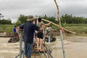 Người dân Quảng Ngãi làm cầu tạm cheo leo để vượt sông Trà Khúc sau ngập