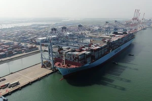  Tàu Margrethe Maersk có sức chở lên đến 20.000 TEU, dài 399.23m, rộng 59m, cập Cảng Quốc tế Cái Mép, tại Phú Mỹ, tỉnh Bà Rịa - Vũng Tàu, tháng 10-20202. Ảnh: QUANG KHOA