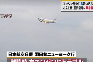 一架日本客機“撞鳥”引擎起火後返機場。（圖源：互聯網視頻截圖）