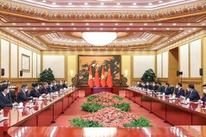 迎接仪式后，李强总理与范明政总理举行会谈。（图：越通社）