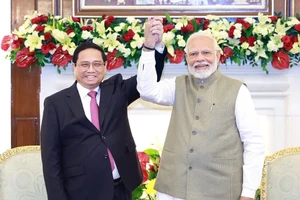 Thủ tướng Ấn Độ Narendra Modi chủ trì Lễ đón chính thức Thủ tướng Chính phủ Phạm Minh Chính thăm cấp Nhà nước tới Ấn Độ. Ảnh: TTXVN