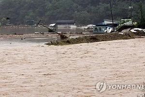 Mưa lớn gây ngập lụt tại tỉnh Jeolla Bắc. Ảnh: Yonhap