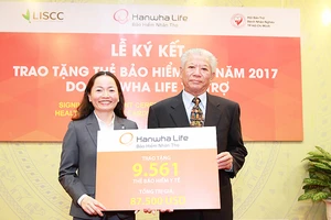 Bà Nguyễn Nhã Ngọc Trâm Anh, Phó Tổng giám đốc Điều hành Công ty TNHH Bảo hiểm Hanwha Life Việt Nam, tặng thẻ BHYT cho Hội Bảo trợ bệnh nhân nghèo TPHCM năm 2017