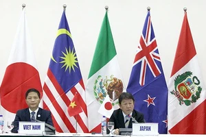 Bộ trưởng Bộ Công thương Việt Nam Trần Tuấn Anh (trái) và Bộ trưởng Bộ Tái thiết kinh tế Nhật Bản Toshimitsu Motegi tại cuộc họp báo về CPTPP ở Đà Nẵng tháng 11-2017