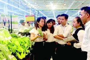 Nhân viên BigC tập huấn tại quầy mặt hàng rau ăn lá cho các hộ sản xuất huyện Nhà Bè. Ảnh: Hải Hà