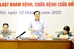 Chủ tịch Quốc hội Vương Đình Huệ phát biểu tại tọa đàm tham vấn ý kiến chuyên gia về dự thảo Luật Khám bệnh, chữa bệnh (sửa đổi) Ảnh: TTXVN