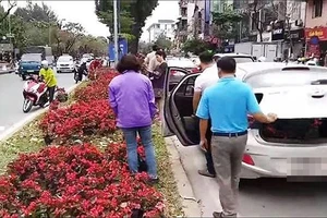 Dừng cả ô tô giữa đường gây ách tắc giao để lấy hoa