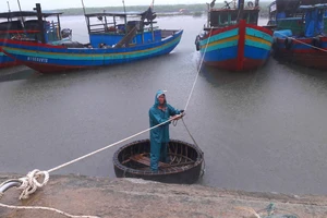 Người dân tổ chức chằng néo tàu thuyền đảm bảo an toàn tại âu thuyền Cửa Sót, xã Thạch Kim, huyện Lộc Hà, tỉnh Hà Tĩnh