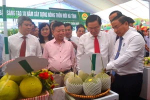 Phó Thủ tướng Vương Đình Huệ và lãnh đạo tỉnh Hà Tĩnh tham quan các gian hàng sản phẩm bên lề hội nghị