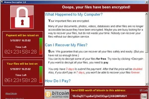Thông báo hacker đòi tiền chuộc trên màn hình máy tính một công ty ở Mountain View, California, Mỹ, ngày 15-5-2017. Ảnh: Symantec