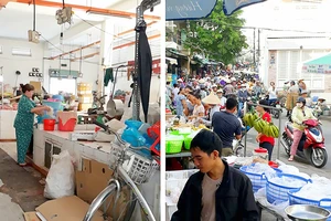 Hình ảnh đìu hiu trong chợ Văn Thánh (ảnh trái) đối lập với cảnh mua bán sầm uất ở chợ tự phát trong hẻm (ảnh phải)