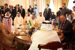 Ngoại trưởng 4 nước Arab tại cuộc họp về vấn đề Qatar ở Cairo, Ai Cập ngày 5-7. Ảnh: EPA/TTXVN