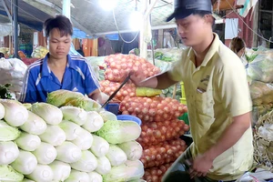 Các loại rau củ quả được bày bán tại chợ đầu mối Hóc Môn, TPHCM