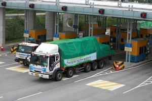Các chuyến xe chở gạo từ Hàn Quốc đi qua biên giới sang Triều Tiên. Ảnh: NEW YORK TIMES 