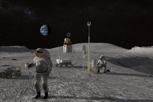 Hình ảnh mô phỏng con người xây dựng các công trình nghiên cứu trên mặt trăng. Ảnh: NASA