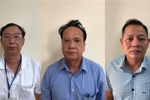 Bị can Võ Thanh Bình (trái), Lê Văn Trang (giữa) và Nguyễn Thái Thanh. Ảnh: Bộ Công an
