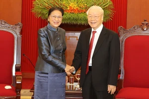 Tổng Bí thư Nguyễn Phú Trọng tiếp Phó Chủ tịch nước Lào Pany Yathotou thăm chính thức Việt Nam. Ảnh: TTXVN