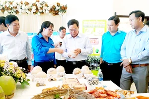 Bí thư Tỉnh ủy Bến Tre Võ Thành Hạo (thứ ba, từ phải qua) xem hàng hóa tại Ngày hội sản phẩm khởi nghiệp tỉnh Bến Tre