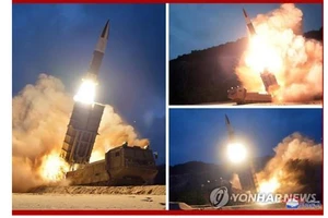 Bức ảnh này được Cơ quan Thông tấn Trung ương Triều Tiên - KCNA công bố ngày 11-8-2019. Trong ảnh là vụ thử tên lửa, một ngày say khi phóng từ thành phố biển phía đông Hamhung