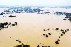 Lũ lớn gây ngập lụt, chia cắt hàng chục ngàn nhà dân ở hạ du sông Kôn (tỉnh Bình Định) vào trưa 1-12. Ảnh: NGỌC OAI