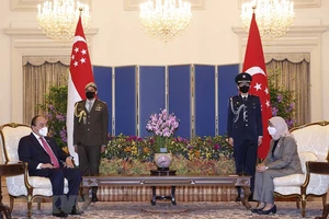 Chủ tịch nước Nguyễn Xuân Phúc hội đàm với Tổng thống Cộng hòa Singapore Halimah Yacob. Ảnh: TTXVN