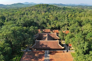 Chính điện Lam Kinh được bao bọc bởi rừng, phía sau là núi Lam Sơn