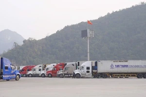 Xe chở hàng hóa tập kết tại các cửa khẩu Hữu Nghị và Tân Thanh (Lạng Sơn) chờ làm thủ tục thông quan. Ảnh: THU THỦY
